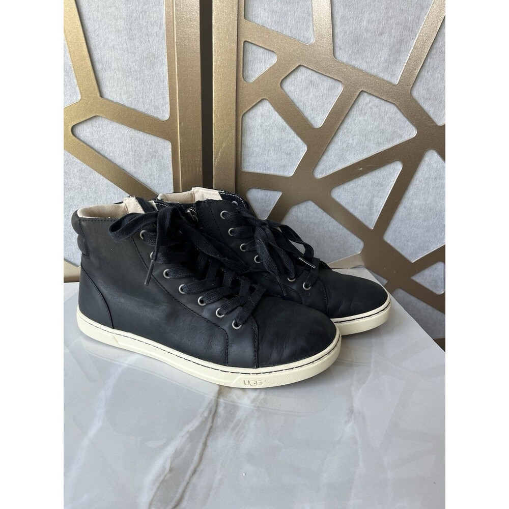 Ugg Gradie Hi Top Lace-Up Trainer Black Leather Women Size 8.5 Shoes Sneakers